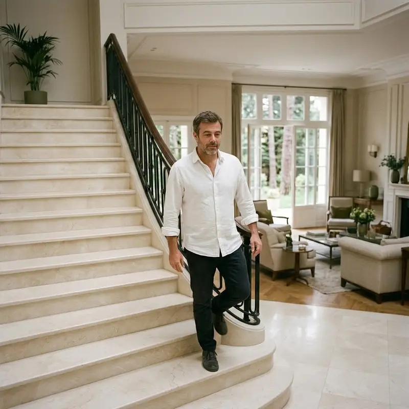 Hombre de unos cuarenta y cinco años bajando la escalera de mármol de un chalé, con un salón grande al fondo