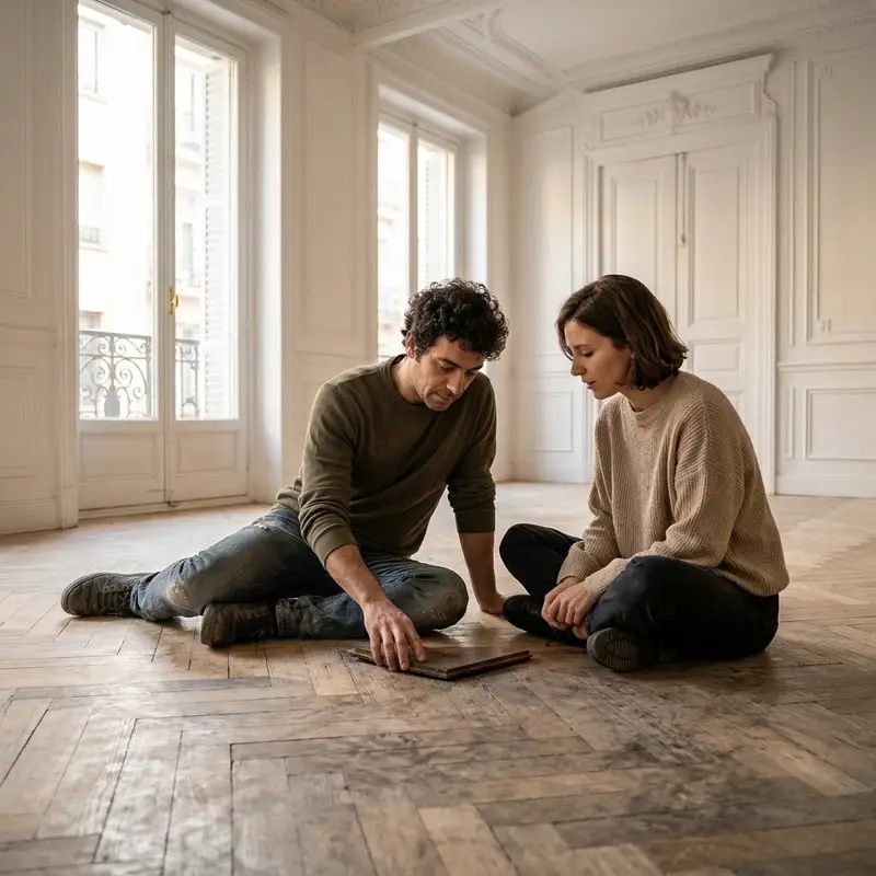 Pareja joven sentada en el suelo de madera de un piso vacío de techos altos, mirando las tablillas gastadas