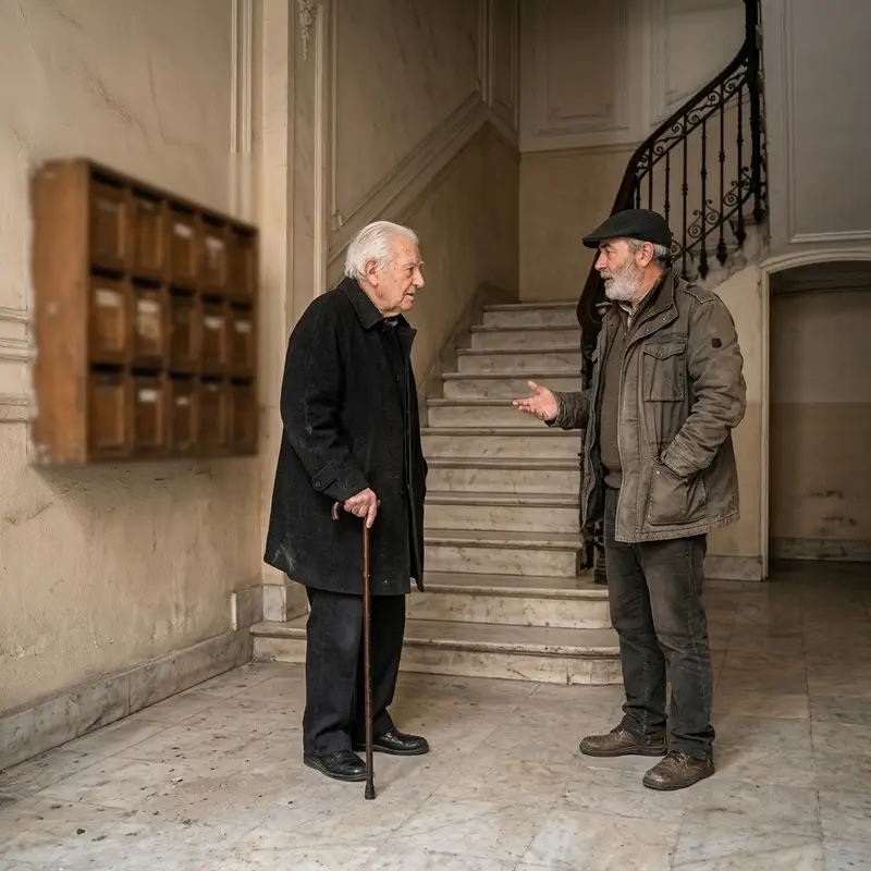 Dos vecinos de unos setenta años hablando en el portal de mármol de un edificio antiguo de Madrid