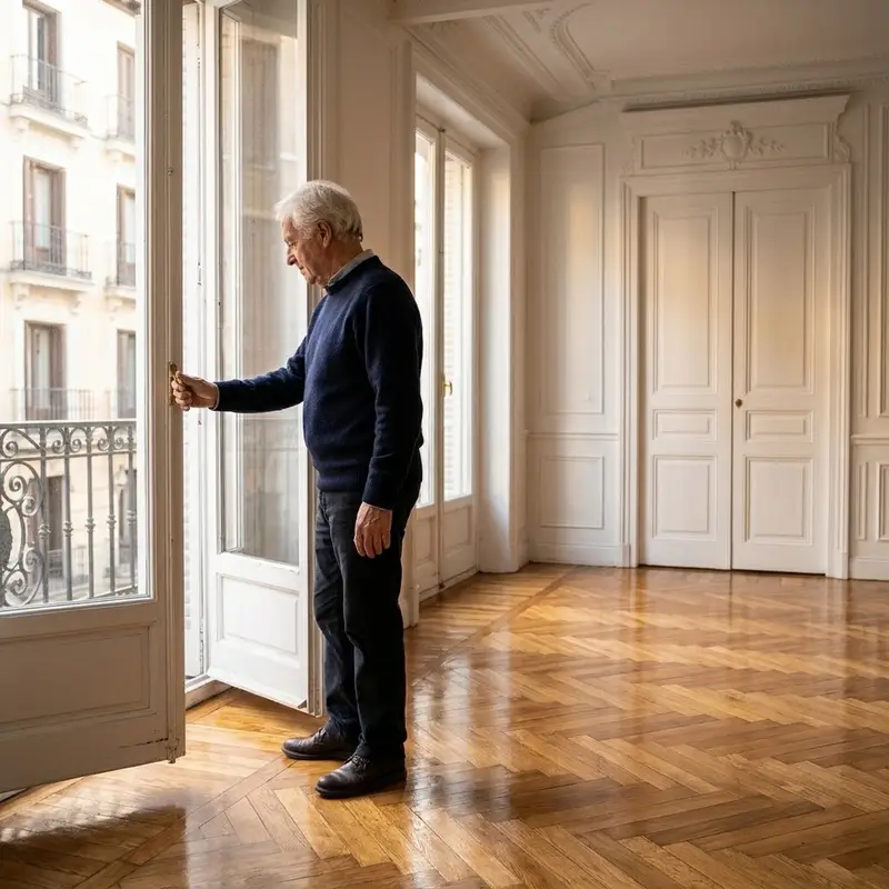 Hombre de unos sesenta años con jersey azul abriendo la puerta de un salón vacío con el parquet recién barnizado
