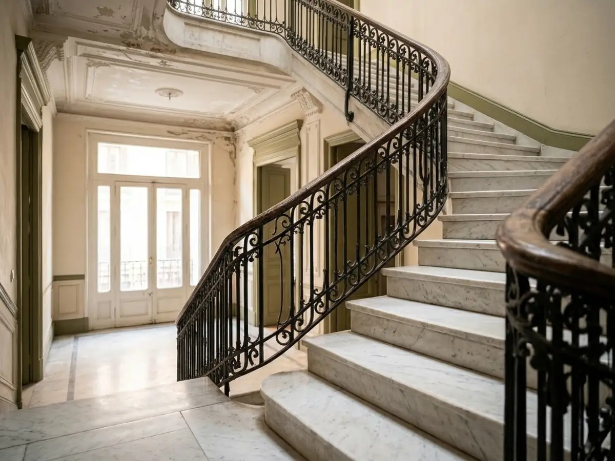 Escalera de mármol blanco con barandilla de forja en el portal de un edificio antiguo, con los peldaños recién pulidos brillando