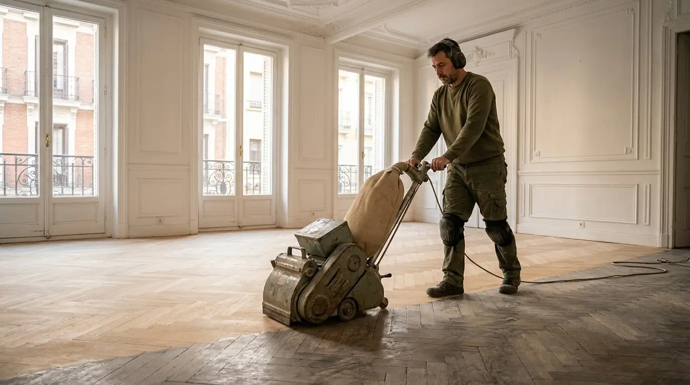 Parquetista de unos cuarenta años pasando la máquina de acuchillar por el parquet de espiga de un salón vacío de un piso clásico de Madrid, con balcones al fondo