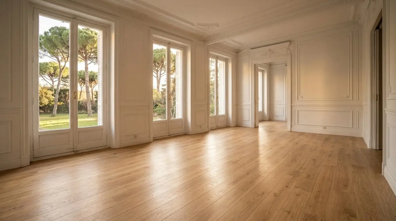 Salón amplio de un chalé con suelo de tarima de roble recién barnizada y grandes ventanales que dan a un jardín con pinos