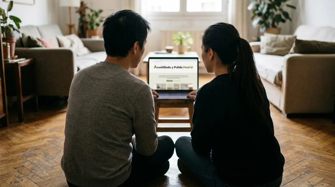 Pareja de unos cuarenta años sentada en el suelo de parquet de su salón mirando en el portátil la web de Acuchillado y Pulido Madrid