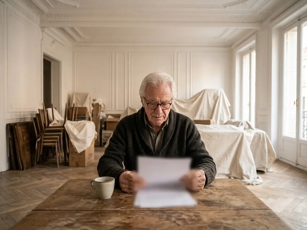 Hombre de unos sesenta años con gafas leyendo un presupuesto en la mesa de una cocina, con muebles apilados y tapados con sábanas al fondo