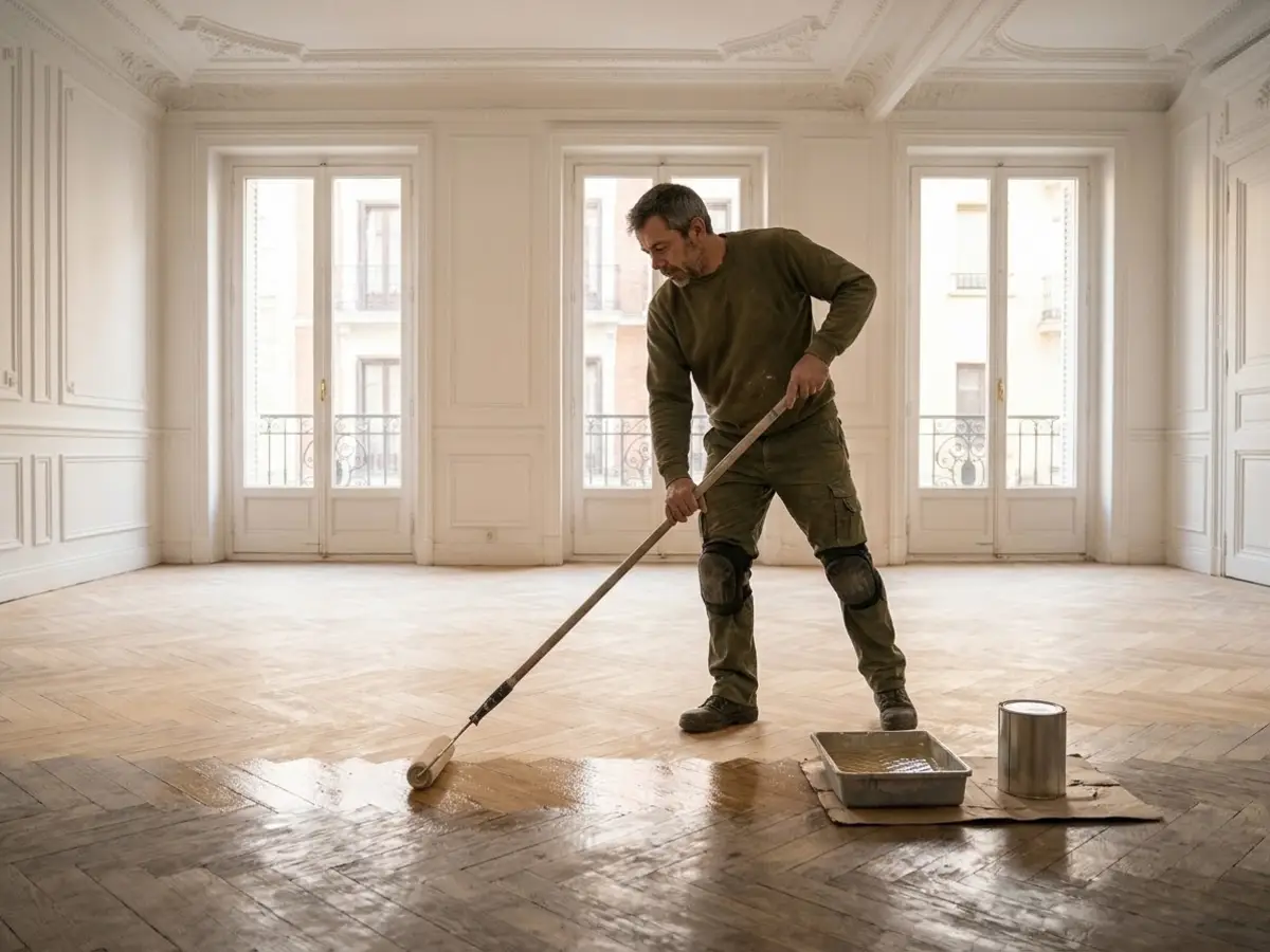 Parquetista de unos cincuenta años aplicando barniz con un rodillo de mango largo sobre un parquet de roble recién lijado