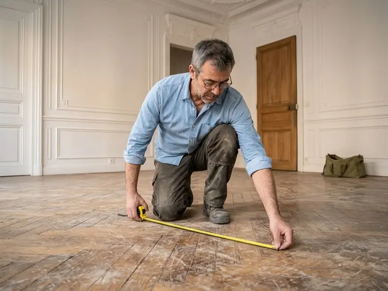 Hombre de unos cincuenta años midiendo con un metro el parquet gastado de un dormitorio vacío