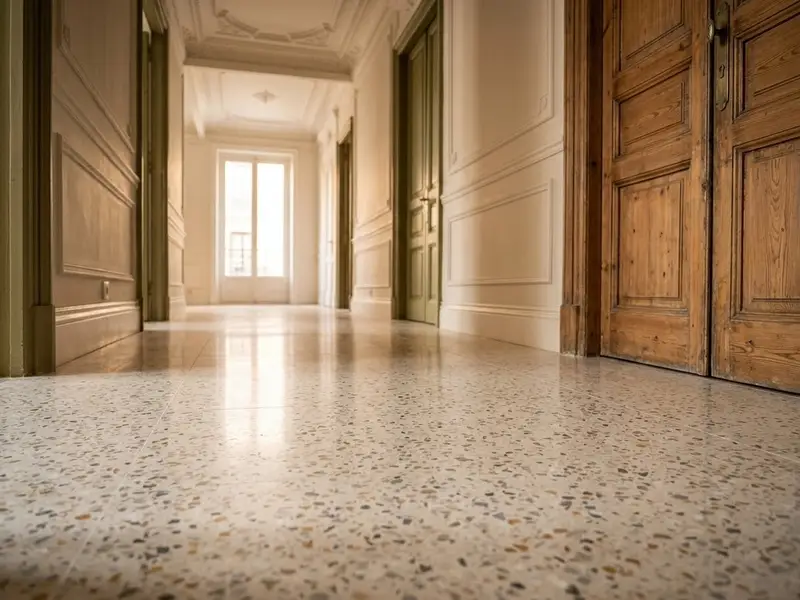 Suelo de terrazo de grano claro recién pulido en el pasillo de un piso, con la luz de una ventana reflejada