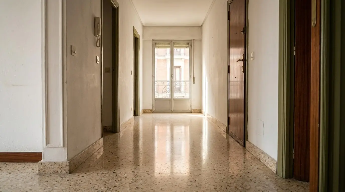 Pasillo largo de un piso antiguo de Madrid con suelo de terrazo de grano claro recién pulido, con la luz del balcón reflejada en el suelo