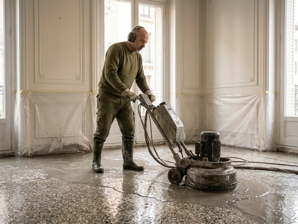 Operario de unos cincuenta años con botas de agua manejando una pulidora grande sobre un suelo de terrazo mojado en una habitación vacía